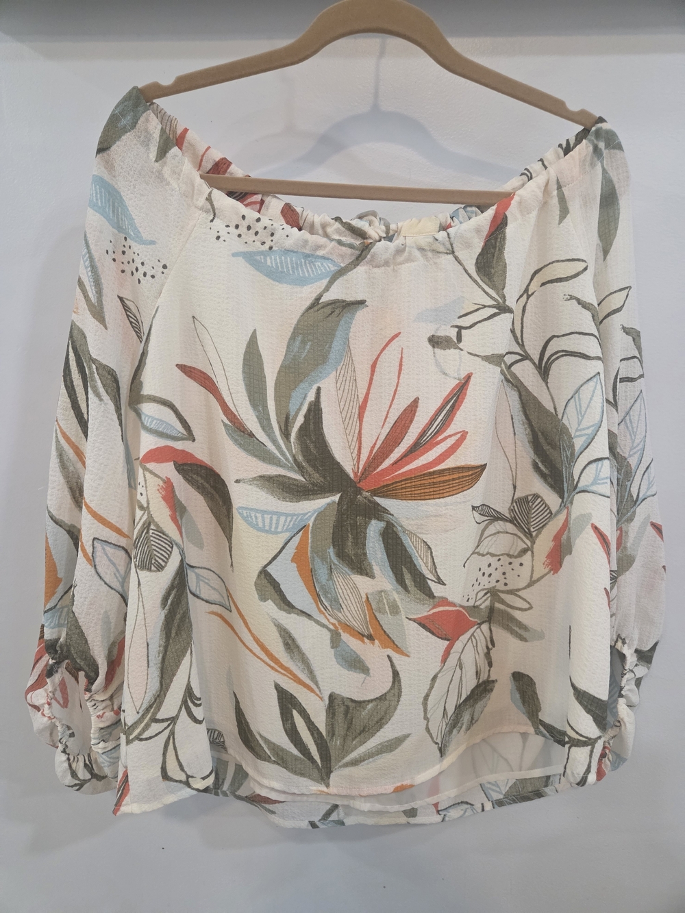 a new day Cream Off-Shoulder Floral Blouse with Coral and Sage Accents